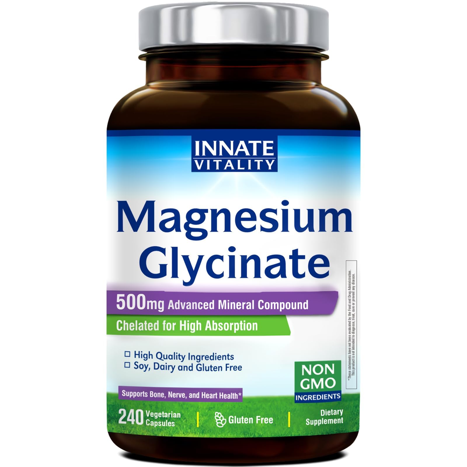 Innate Vitality Magnesium Glycinate bottle with 240 capsules, long lasting supply