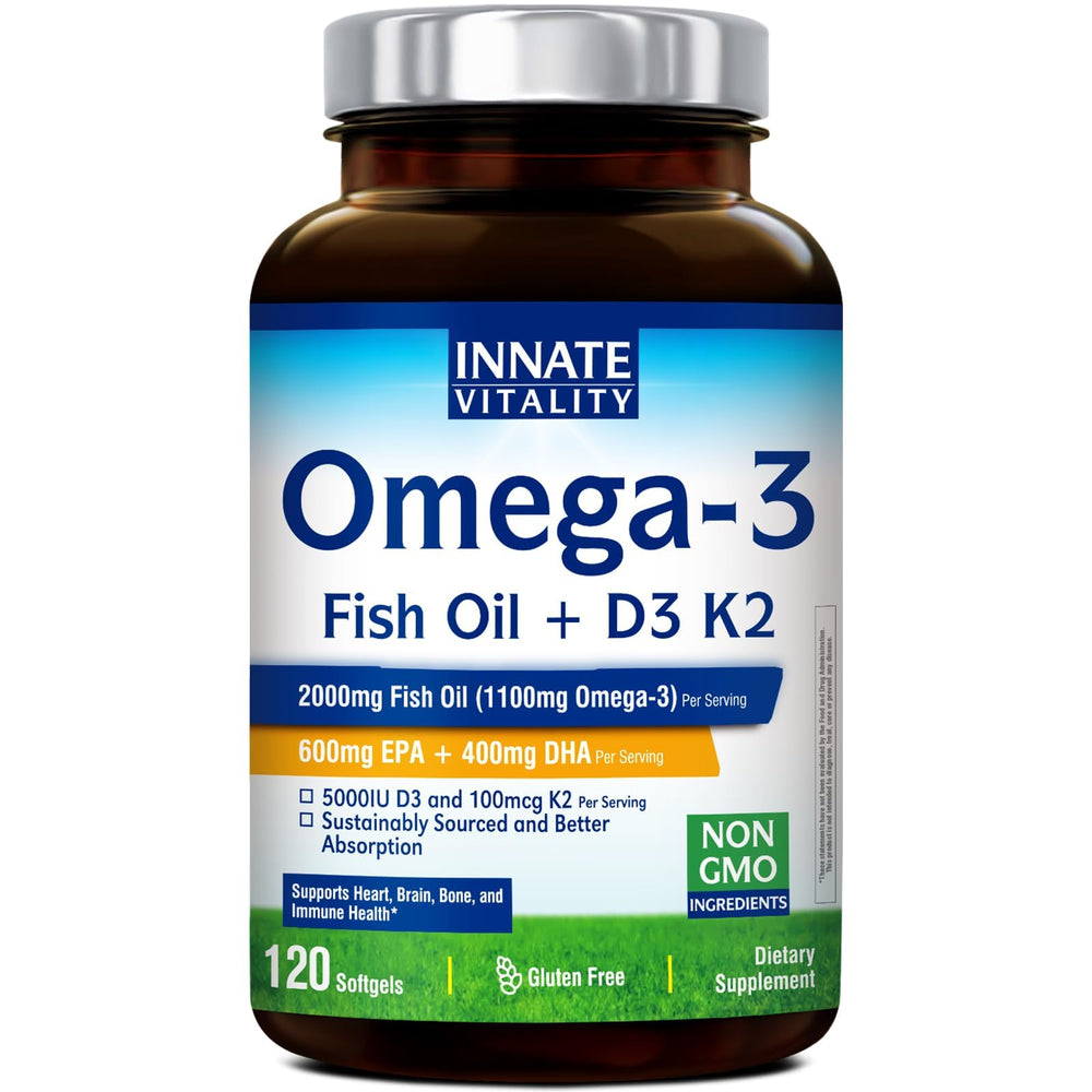 Innate Vitality Omega-3 softgels bottle showing high-potency EPA/DHA for heart and brain support