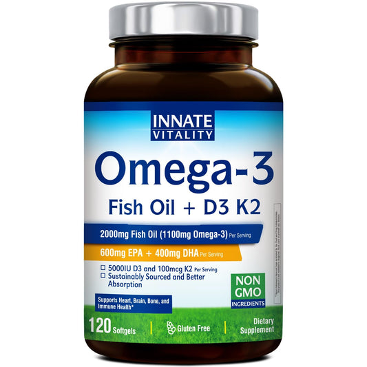 Innate Vitality Omega-3 softgels bottle showing high-potency EPA/DHA for heart and brain support