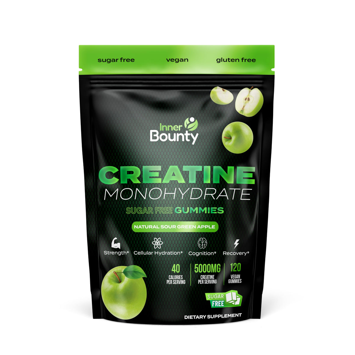 Inner Bounty sugar-free creatine gummies bottle with sour green apple flavor for workouts