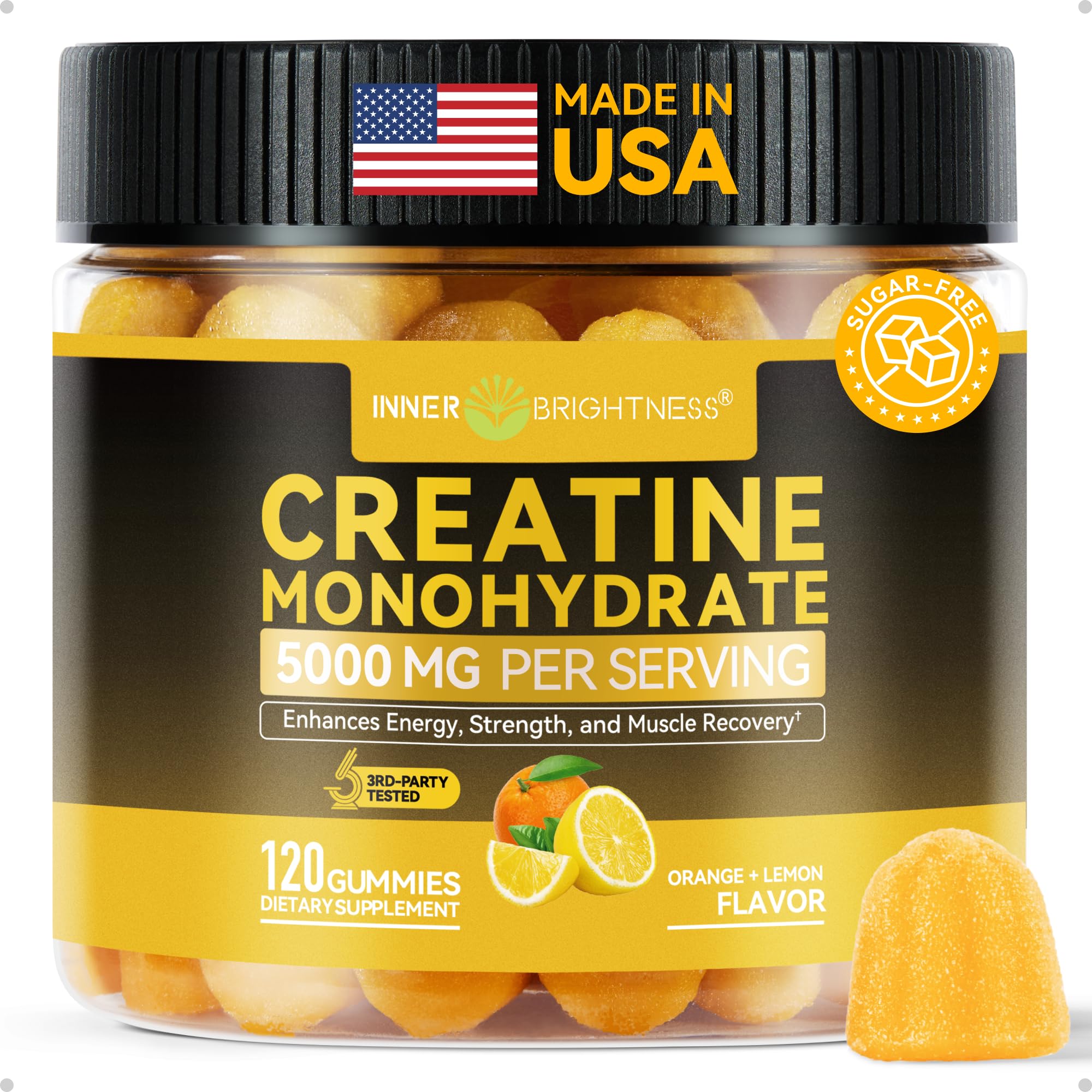 Inner Brightness creatine gummies bottle with orange-lemon flavor for on-the-go energy