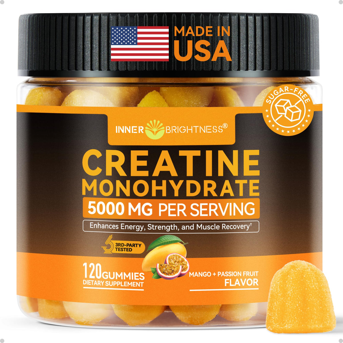 Inner Brightness Creatine Gummies bottle showing convenient, sugar-free pre- or post-workout support
