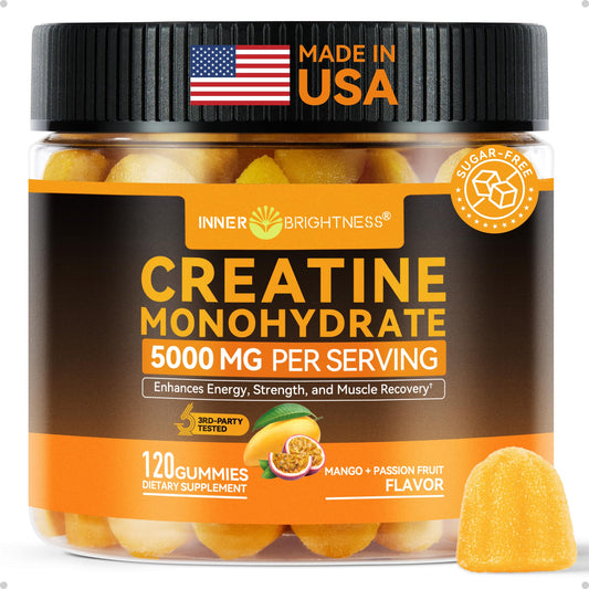Inner Brightness Creatine Gummies bottle showing convenient, sugar-free pre- or post-workout support