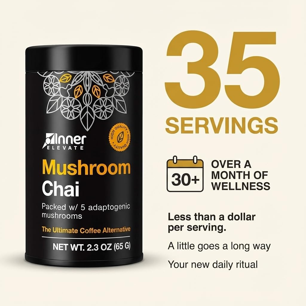 Inner Elevate chaga-reishi-mushroom display suggests immune-friendly wellness possibilities.