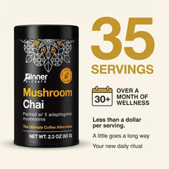 Inner Elevate chaga-reishi-mushroom display suggests immune-friendly wellness possibilities.