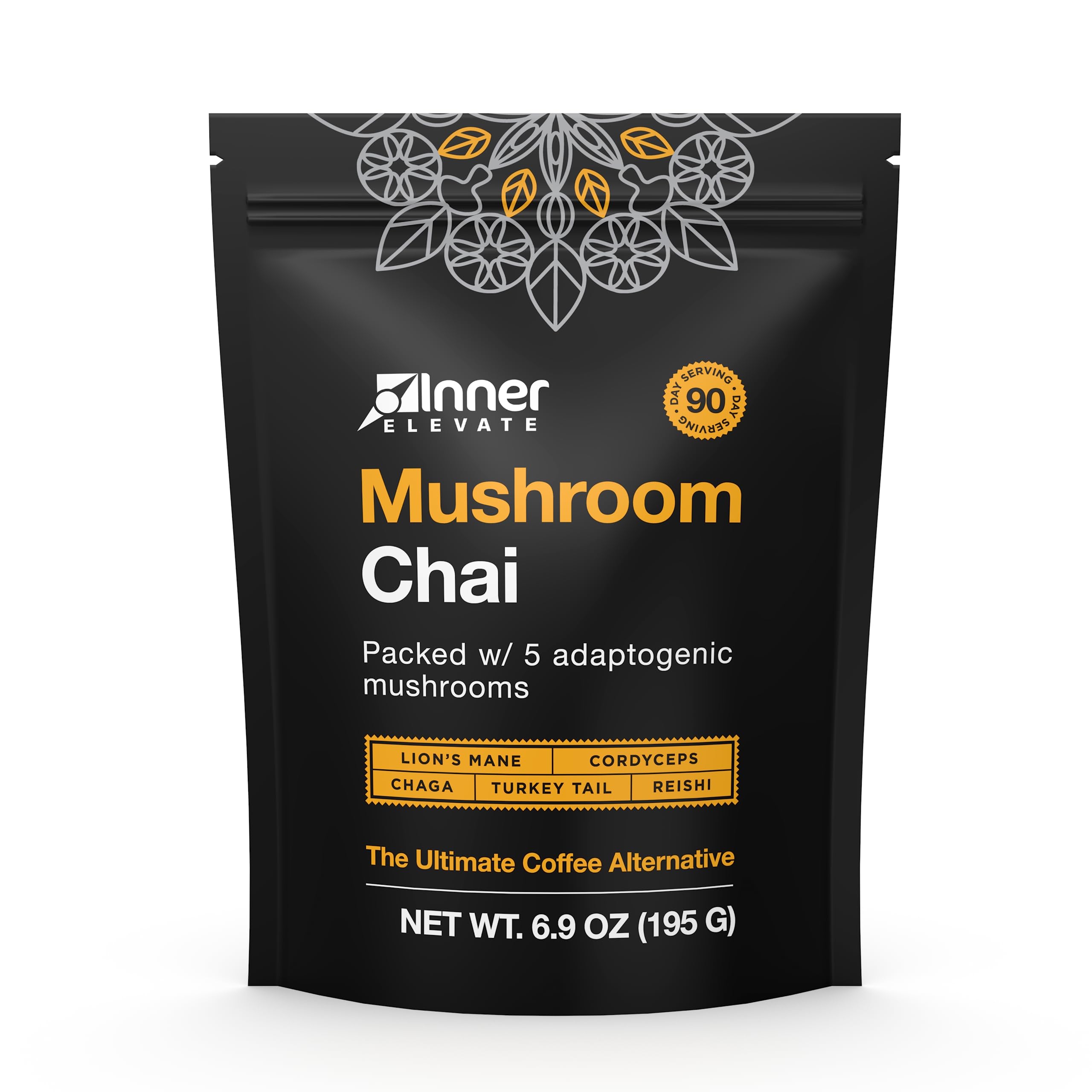 Inner Elevate Mushroom Chai bottle on display highlighting a clean energy blend.