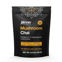 Inner Elevate Mushroom Chai bottle on display highlighting a clean energy blend.