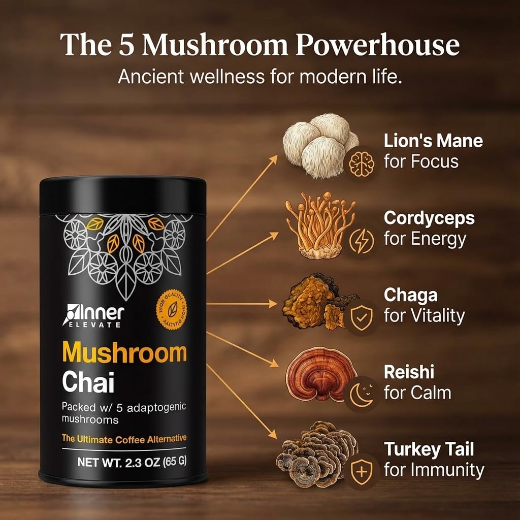 Inner Elevate Mushroom Chai cup-steaming demonstrates a smooth energy lift without jitters.