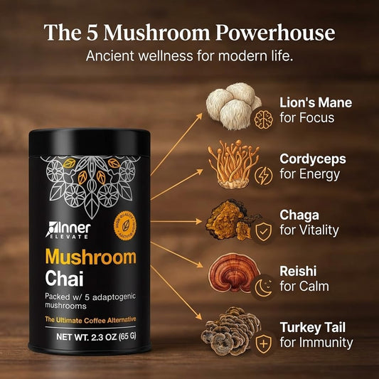 Inner Elevate Mushroom Chai cup-steaming demonstrates a smooth energy lift without jitters.