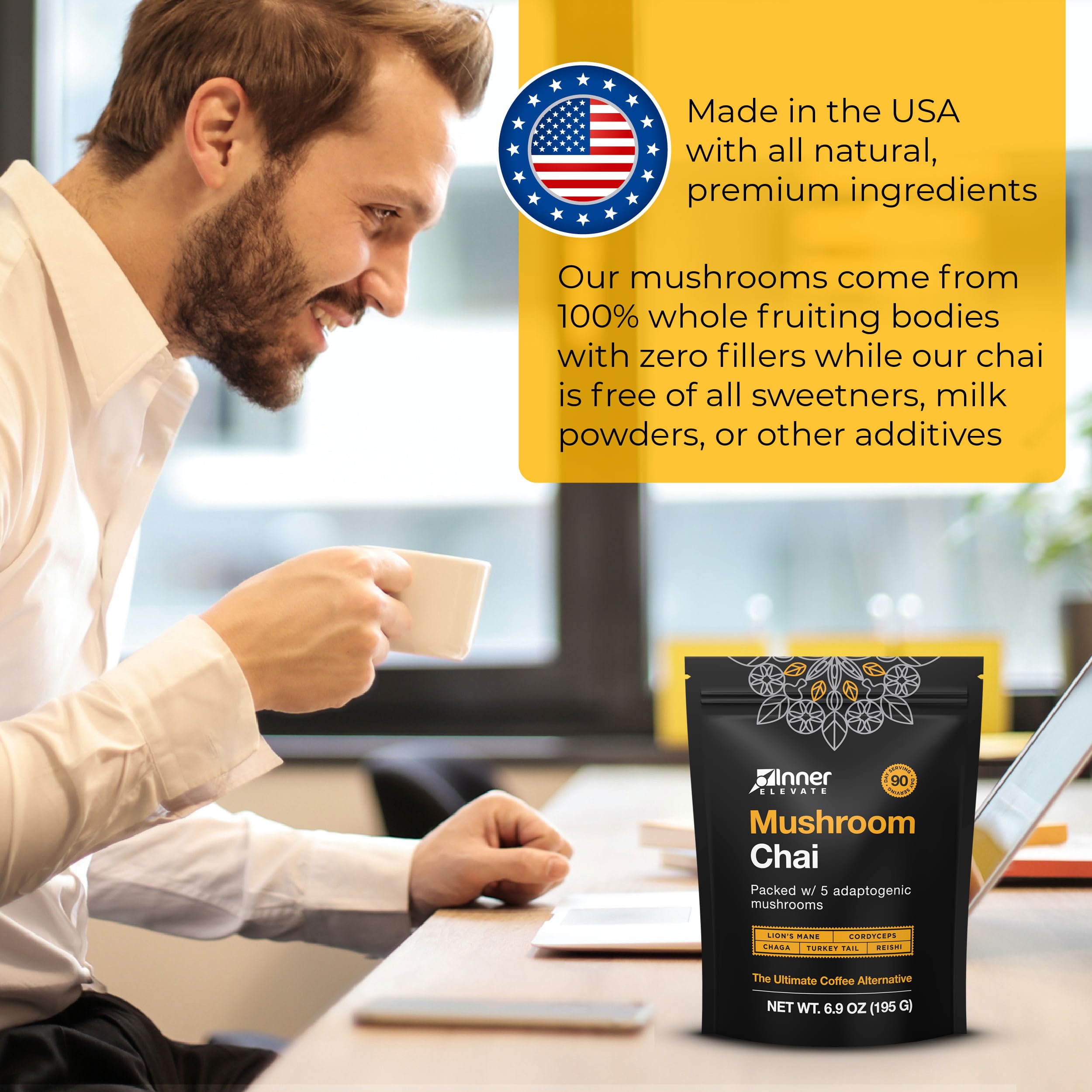 Inner Elevate Fruiting bodies emphasis on pure mushroom extract.