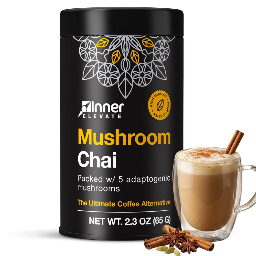 Inner Elevate Mushroom Chai jar-label highlights premium ingredients and USA-made quality.