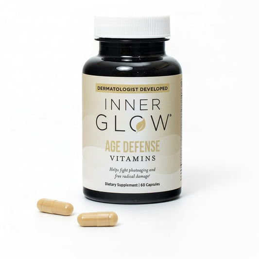 Inner Glow Age Defense bottle with pour showing easy daily capsules for skin health support.