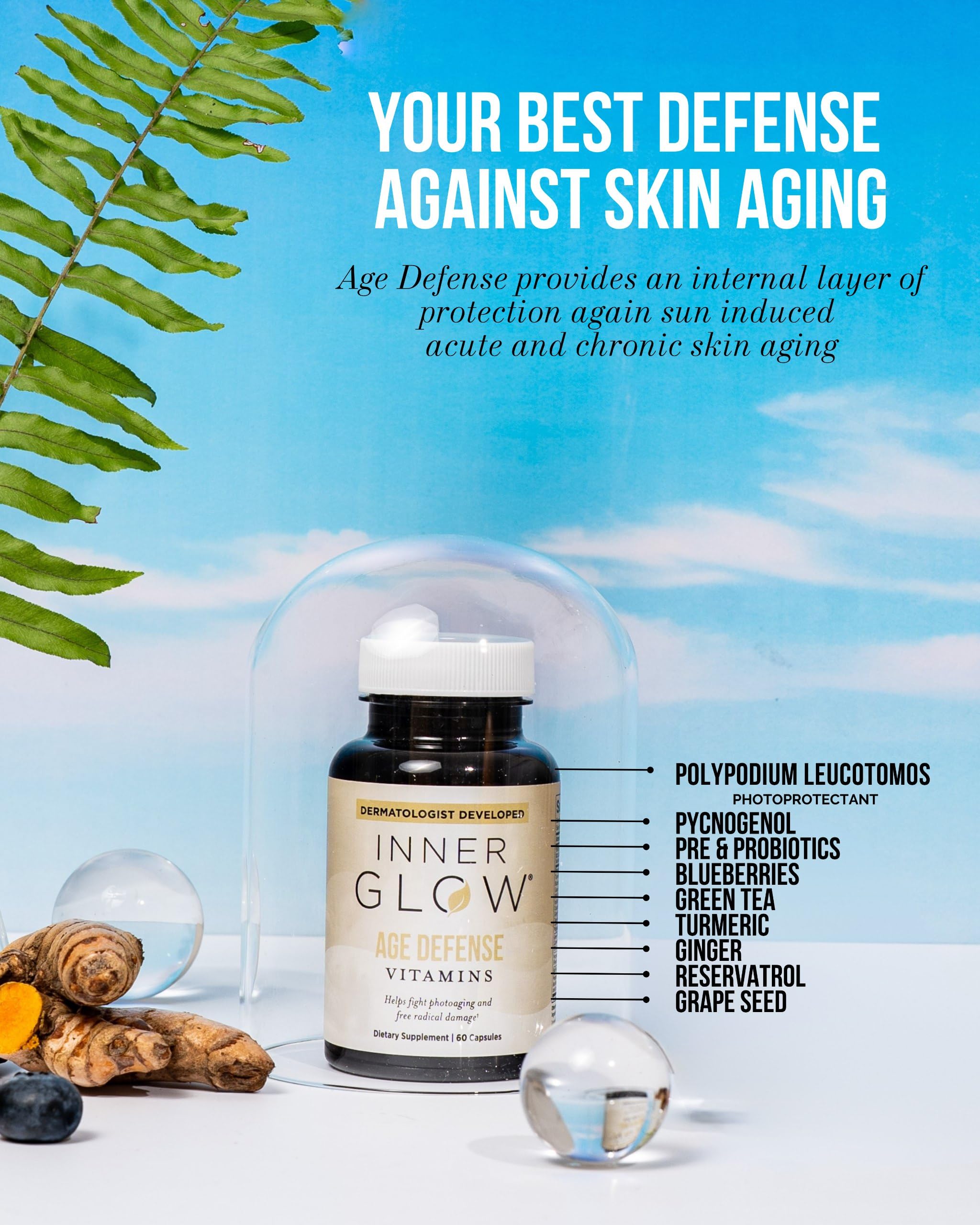 Inner Glow Age Defense polypodium leucotomos component highlighted on packaging.