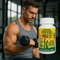 Inner Man Gold Sanapac on desk suggesting a daily supplement routine.
