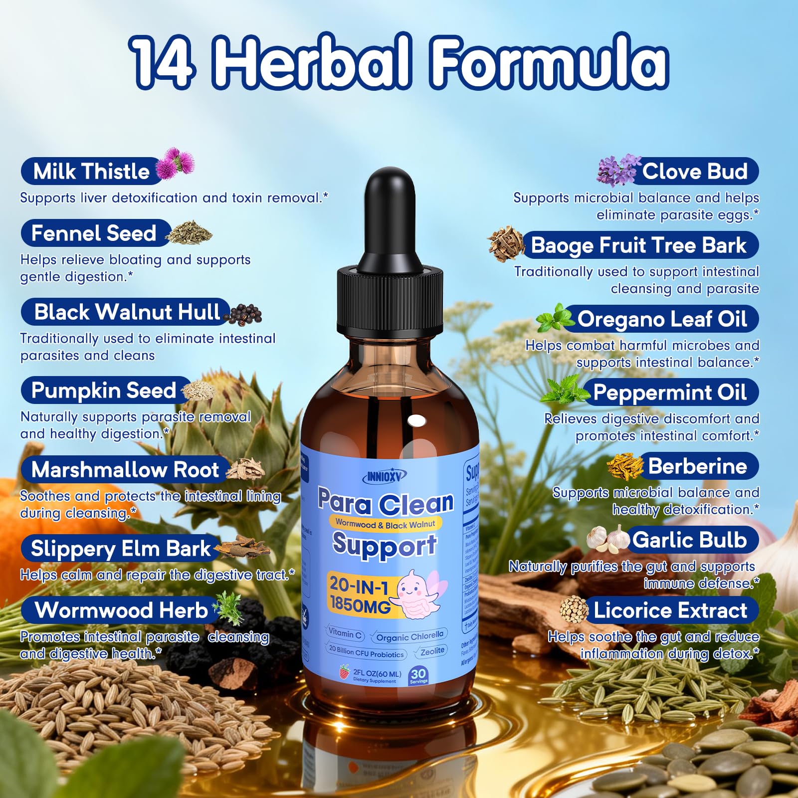 INNIOXV Parasite Cleanse graduated dropper showing precise 2 mL servings
