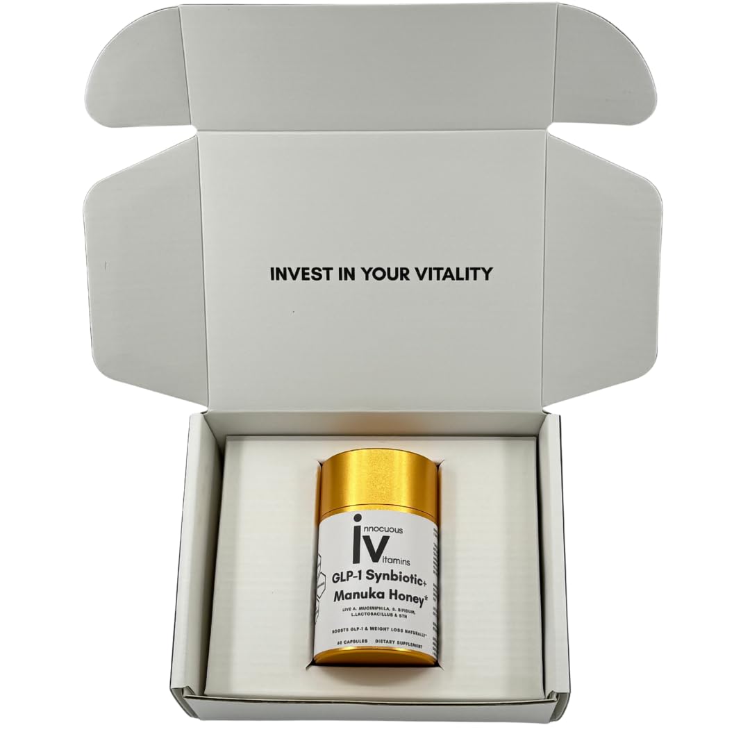 Innocuous Vitamins GLP-1 Synbiotic image suggesting weight-management support through gut health.