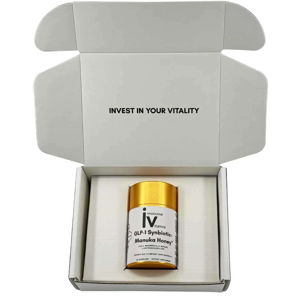 Innocuous Vitamins GLP-1 Synbiotic image suggesting weight-management support through gut health.