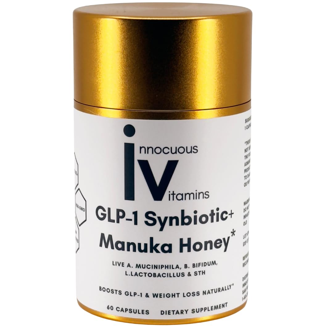 Innocuous Vitamins GLP-1 Synbiotic bottle for convenient daily gut support.