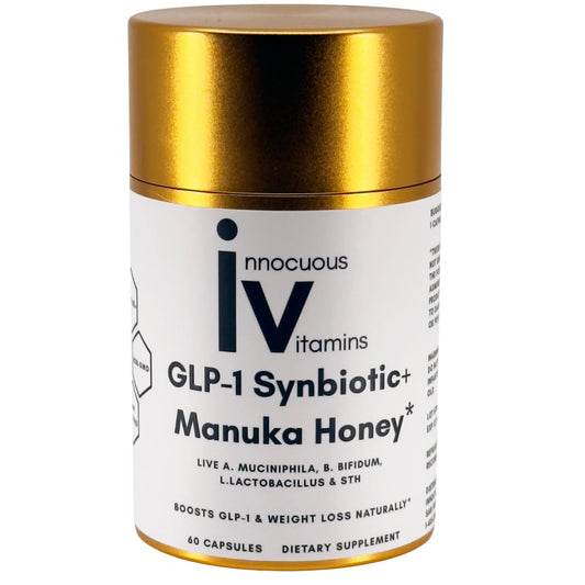 Innocuous Vitamins GLP-1 Synbiotic bottle for convenient daily gut support.