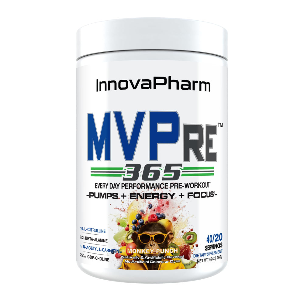 InnovaPharm MVPre 365 Monkey Punch bottle delivers sustained mental focus for workouts.