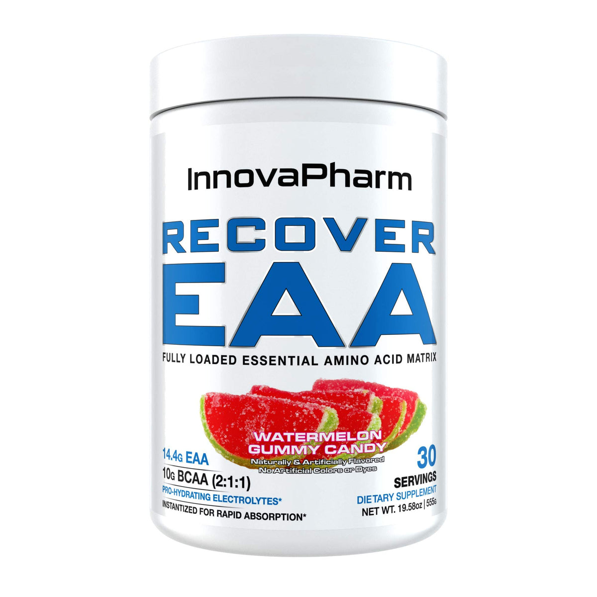 InnovaPharm Recover EAA Watermelon Gummy Powder jar for post-workout recovery and hydration.