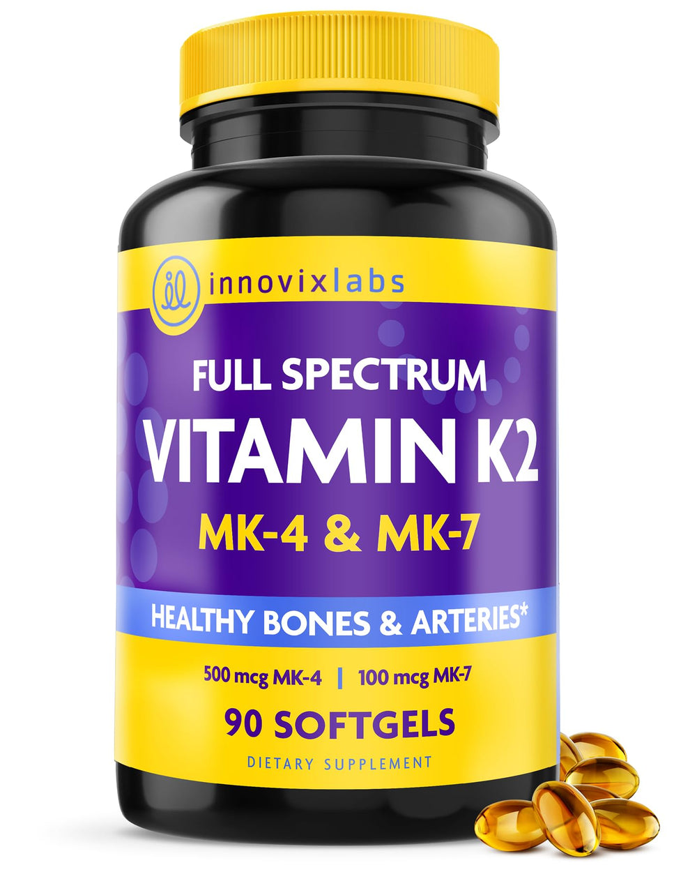 InnovixLabs Full Spectrum K2-90 softgels bottle with MK4 MK7 for bone support
