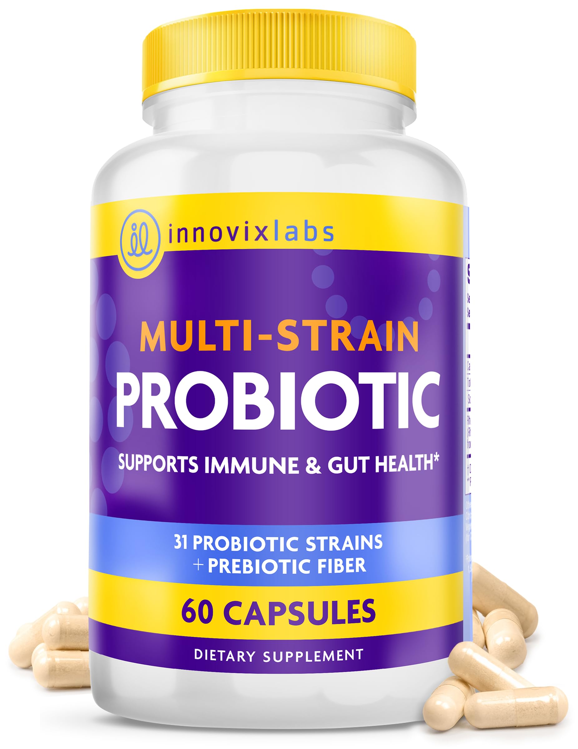 InnovixLabs Multi Strain Probiotics bottle on a clean surface supports gut balance