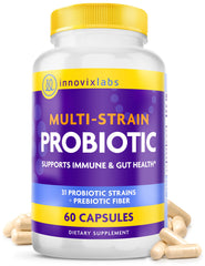 InnovixLabs Multi Strain Probiotics bottle on a clean surface supports gut balance