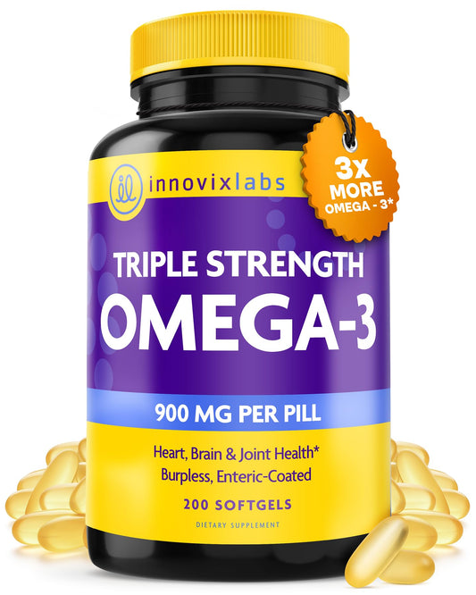 InnovixLabs Triple Strength Omega-3 bottle highlighting 900 mg EPA/DHA for daily wellness.