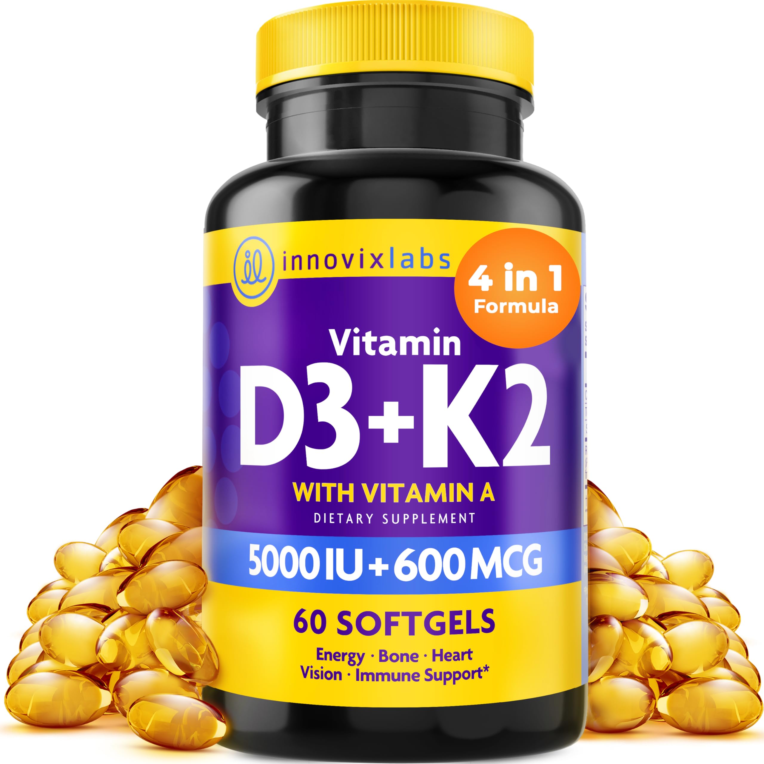 InnovixLabs Vitamin D3 K2 bottle front shows the full ADK blend for bone support.