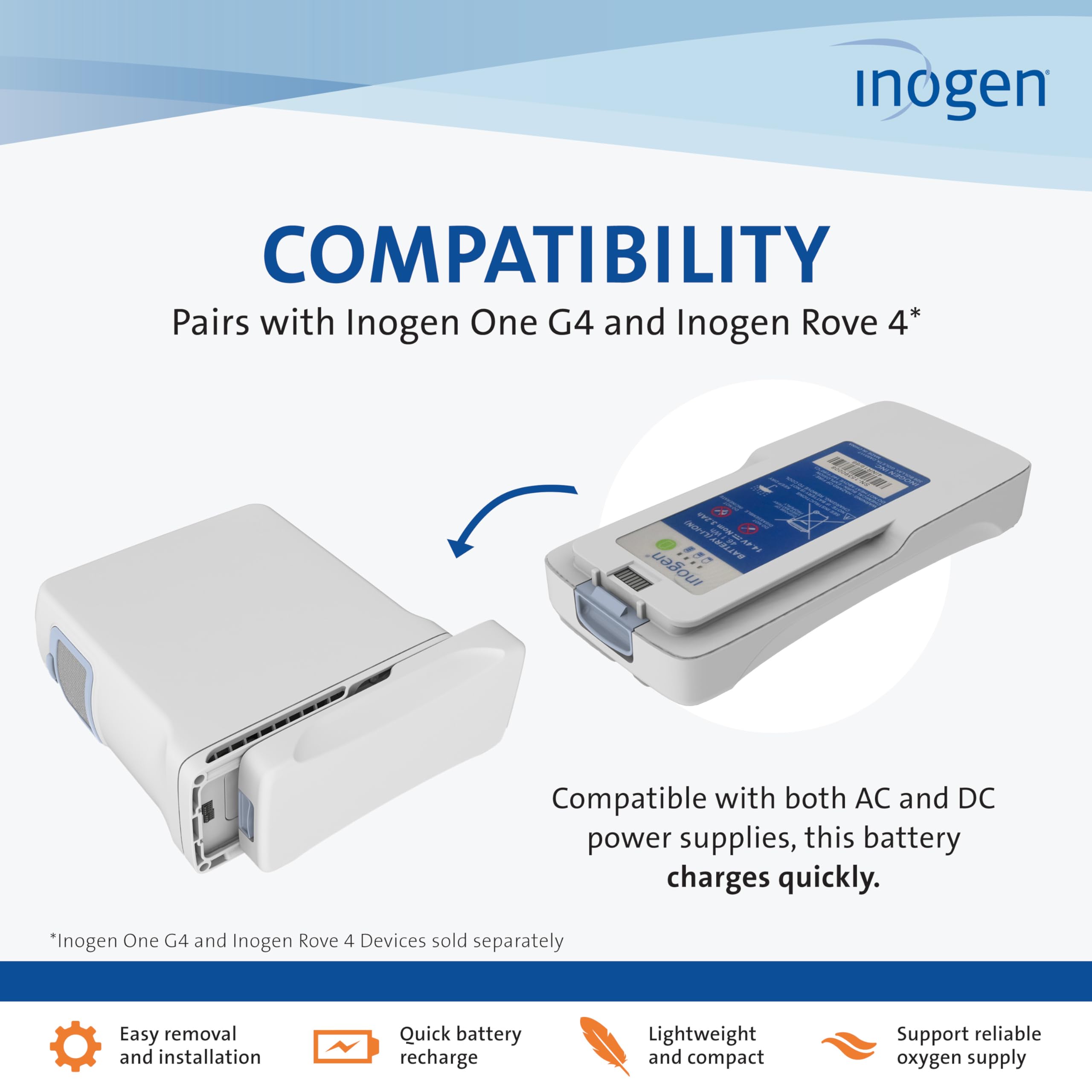 Inogen standard battery side view; lightweight power for travel.