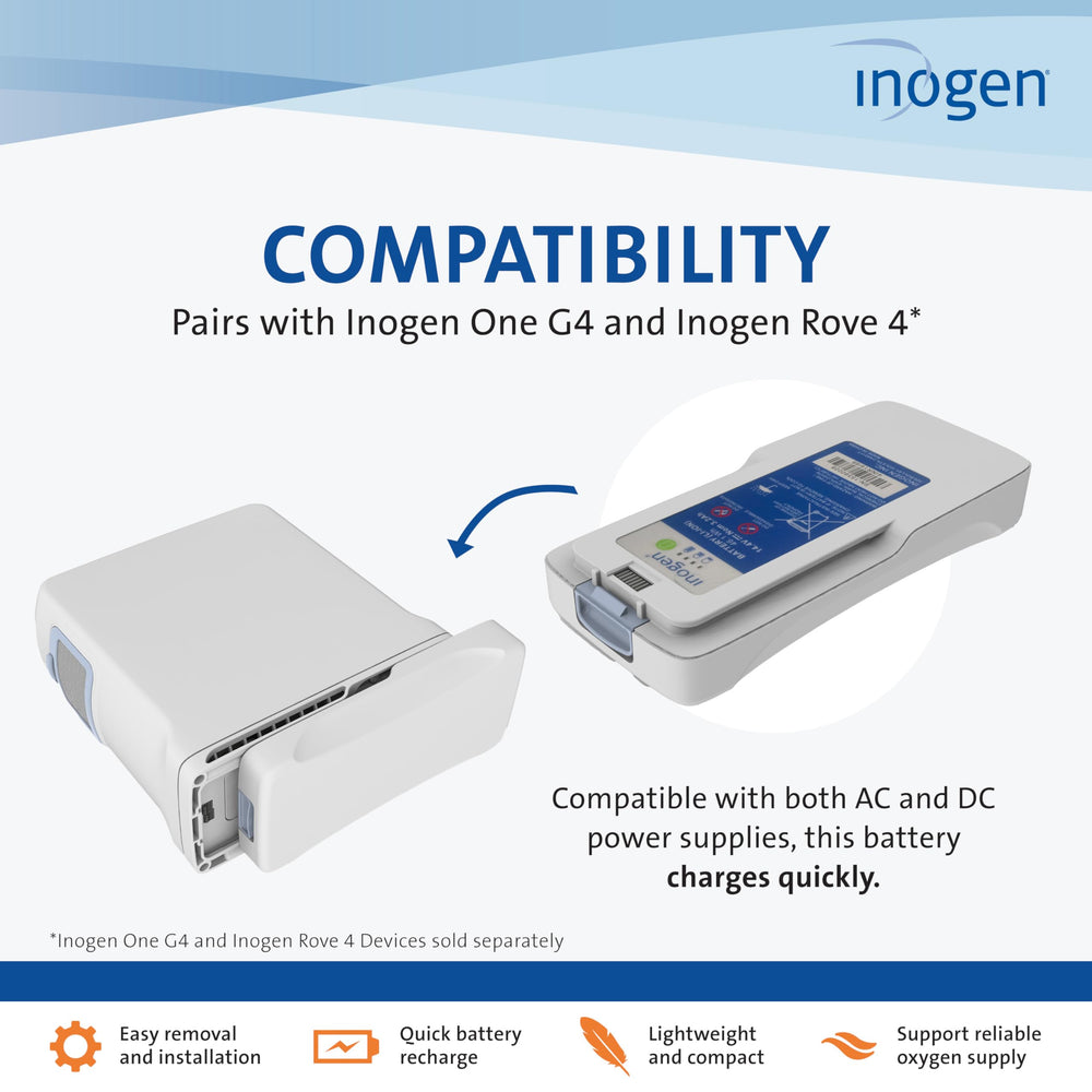 Inogen standard battery side view; lightweight power for travel.