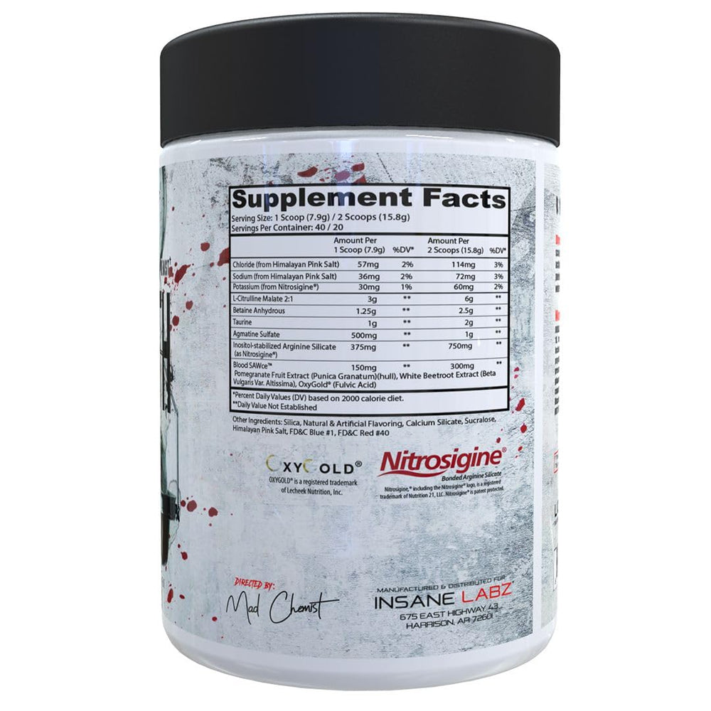 Insane Labz Bloodbath label close up with nitric oxide formula