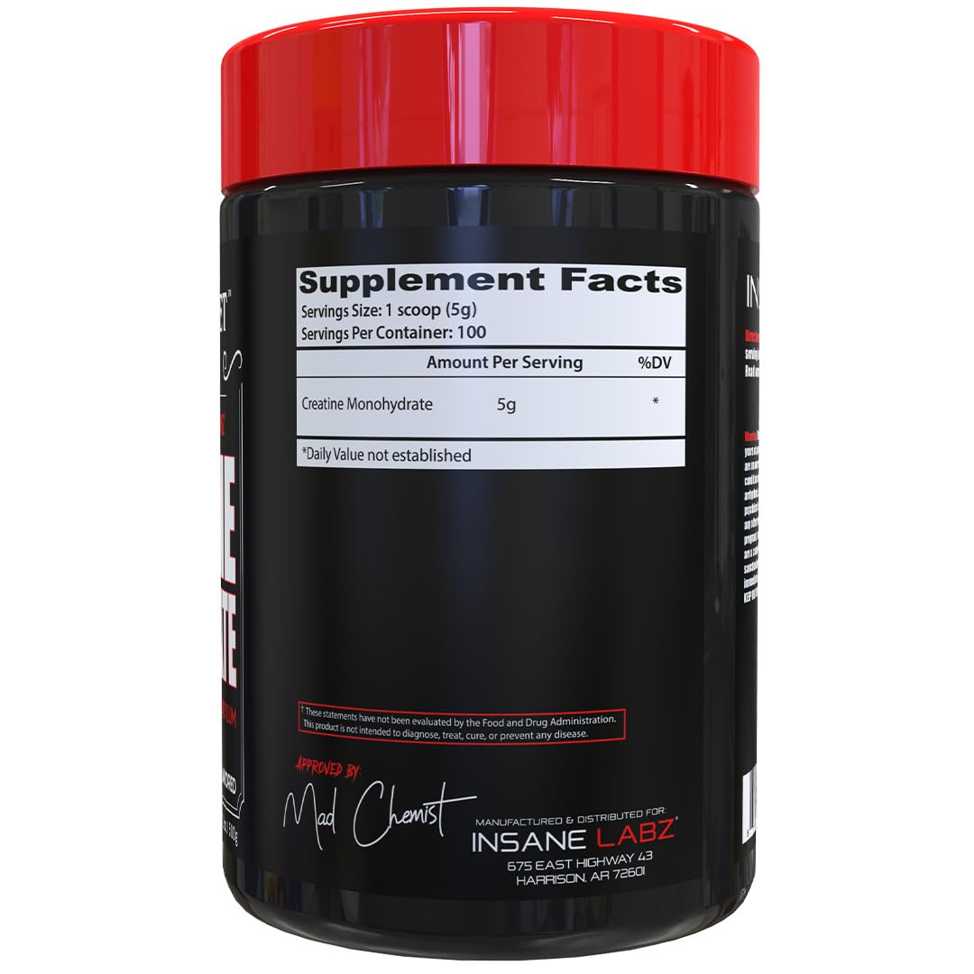 Insane Labz creatine bottle label highlights performance support during workouts.