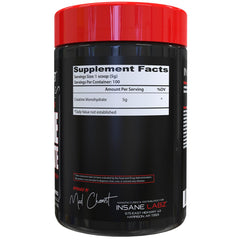 Insane Labz creatine bottle label highlights performance support during workouts.