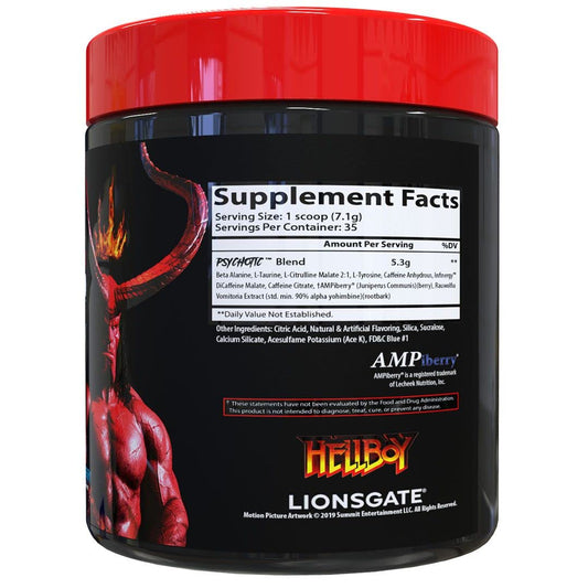 Powder inside Hellboy Edition highlighting high-stim pre-workout formula for lasting energy and focus.