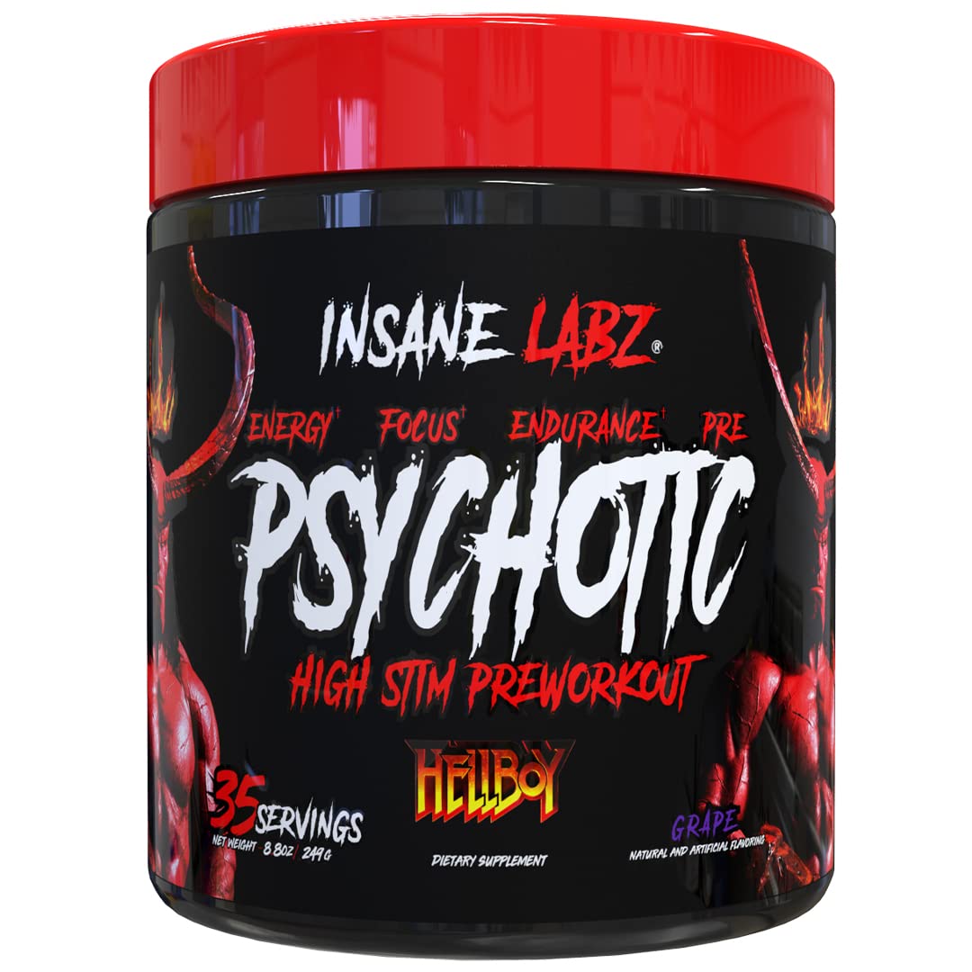 Insane Labz Hellboy Edition powder tub with bold pre-workout energy focus