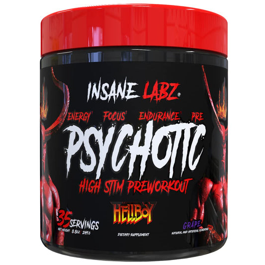Insane Labz Hellboy Edition powder tub with bold pre-workout energy focus