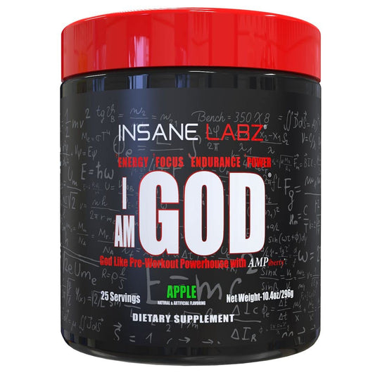 Insane Labz I am God pre-workout bottle in apple flavor boosts energy and focus
