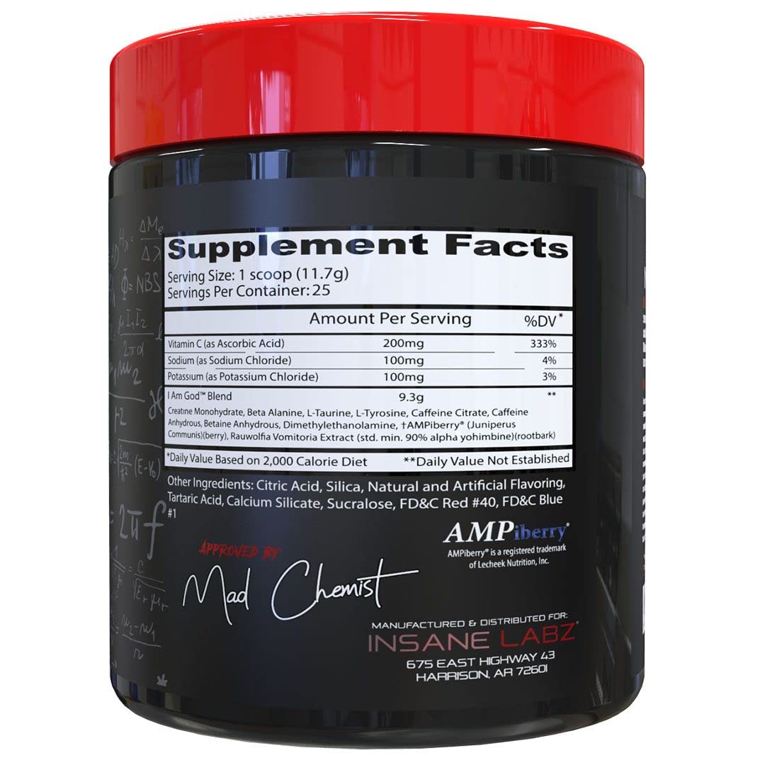 Insane Labz I am God pre-workout bottle side shows label and creatine blend for strength