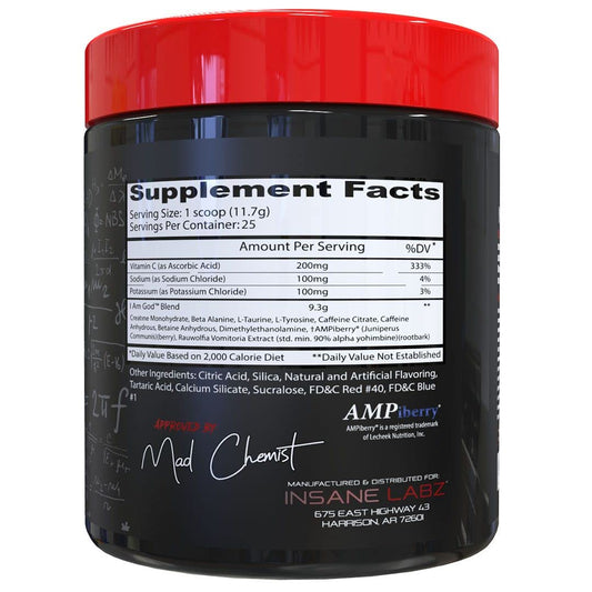 Insane Labz I am God pre-workout bottle side shows label and creatine blend for strength
