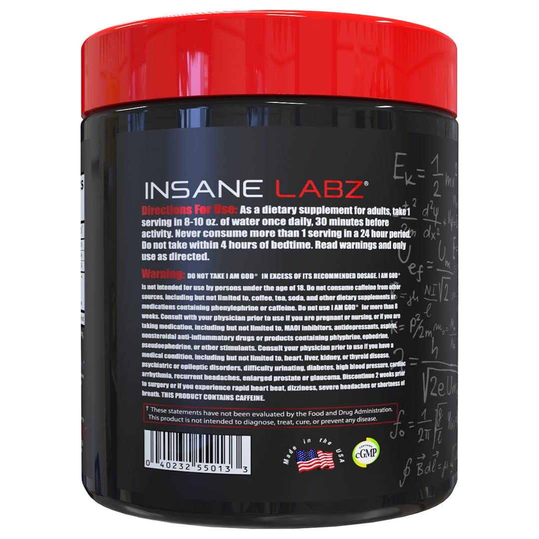 Bottle side view of Insane Labz I am God with AMPiberry formula.