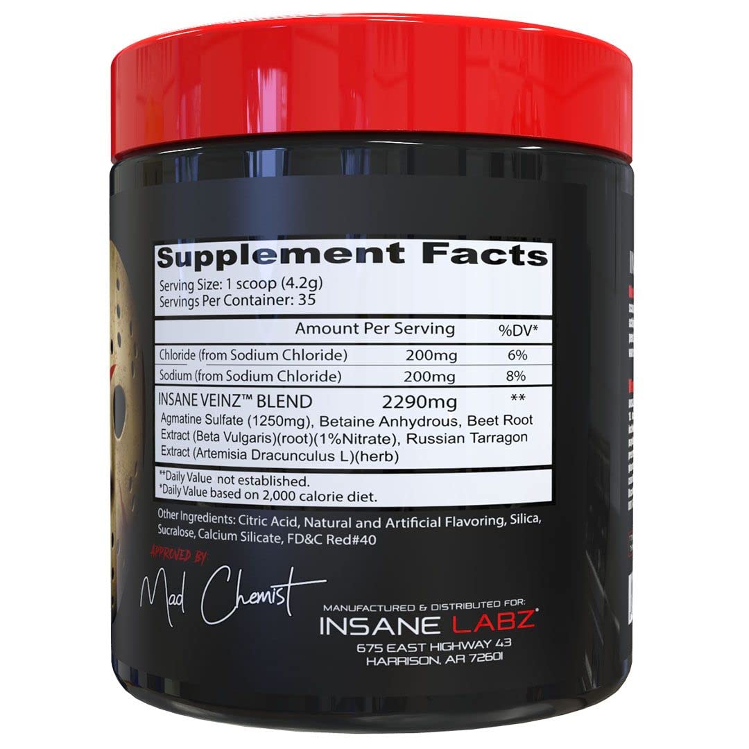 Insane Veinz Blue Raspberry powder in a clear container.