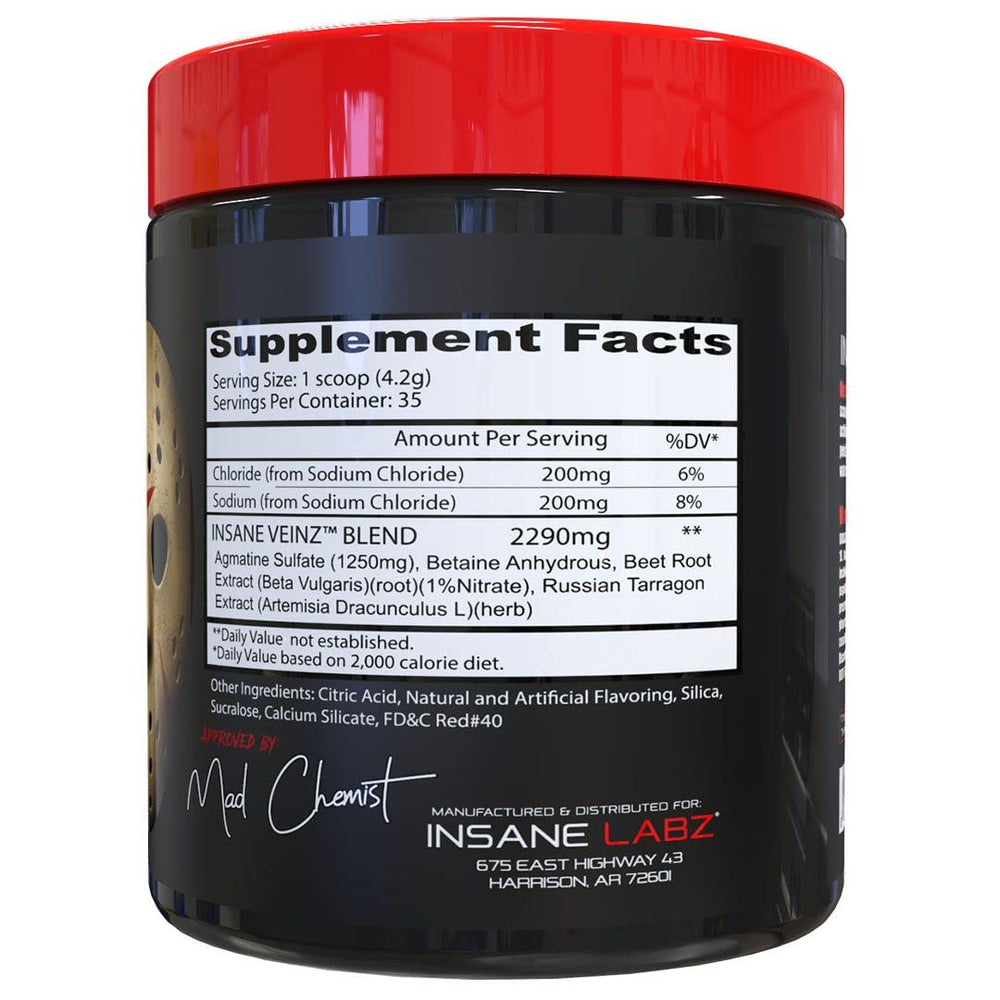 Insane Veinz Blue Raspberry powder in a clear container.