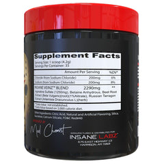 Insane Veinz Blue Raspberry powder in a clear container.