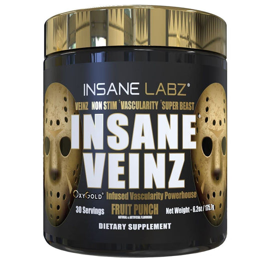 Insane Veinz Gold bottle front highlights premium non-stimulant pre-workout for vascularity