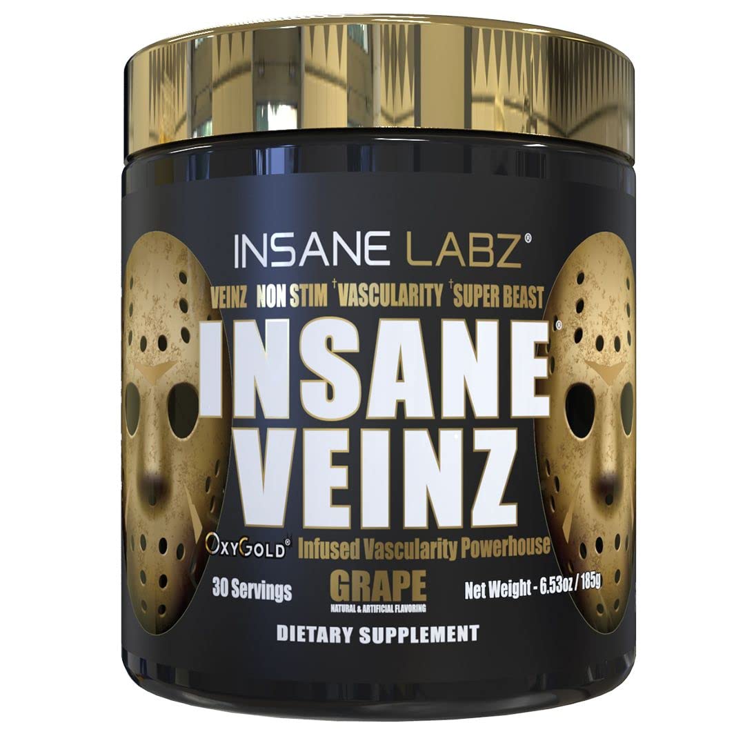 Insane Labz Insane Veinz Gold bottle displaying a potent nitric oxide boost for workouts