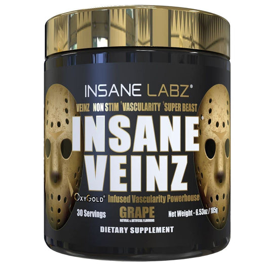 Insane Labz Insane Veinz Gold bottle displaying a potent nitric oxide boost for workouts