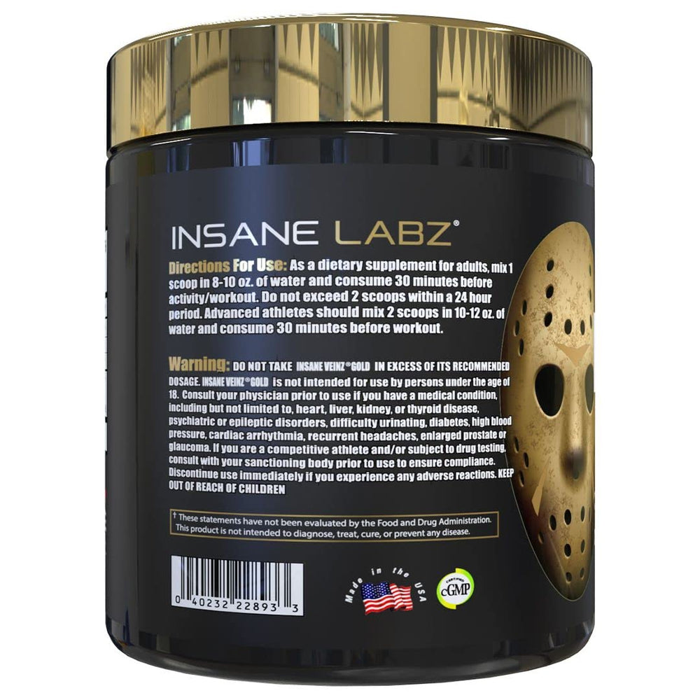 Insane Veinz Gold label closeup showcases Hydromax and Nitrosigine ingredients