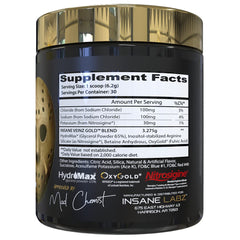 Close-up of Insane Veinz Gold label highlights non-stimulant pre-workout formulation